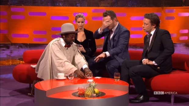On the Graham Norton Show, Chris Pratt (centre) deminstrates to Will.i.am, Jennifer Lawrence and Jamie Oliver that he can perform 'the dark arts'.
