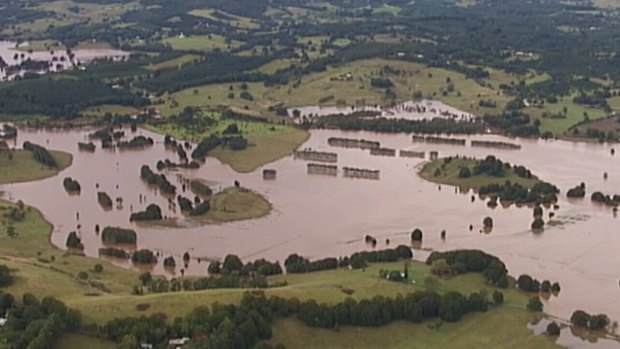 An aerial view of the Gold Coast hinterland inundated on Sunday morning. 