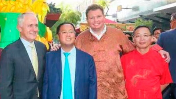 Malcolm Turnbull, Huang Xiangmo, Craig Laundy and Yang Dongdong at a 2016 Chinese New Year festivities.