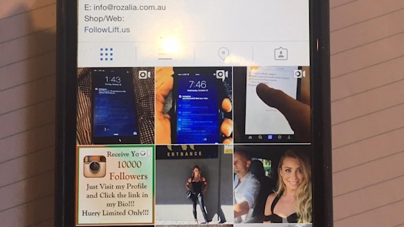 A spam post on  Rozalia Russia's Instagram from the ''FollowLift.us'' site for fake followers. 