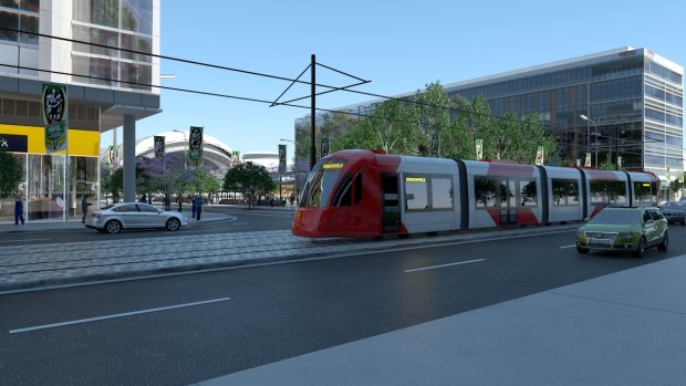 An artist's impression of the light rail at Sydney Olympic Park. 