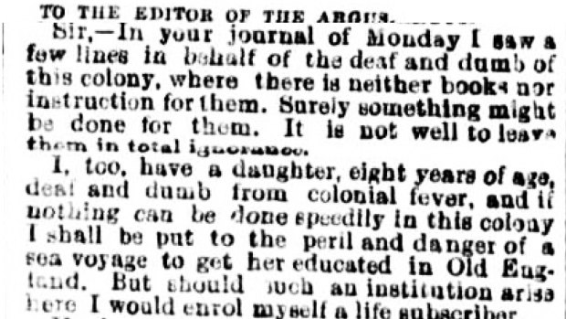 Letter in The Argus newspaper, February 16, 1859, from Sarah Lewis, the mother of a Melbourne deaf girl. 