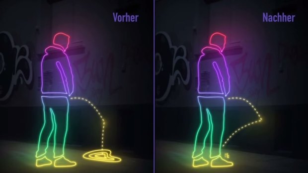 A graphic depiction of how the special hydrophobe paint should deter people from urinating in public places.