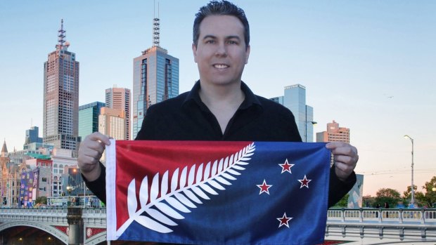 Kyle Lockwood, a Melbourne-based architect, with one of his designs for the New Zealand flag.