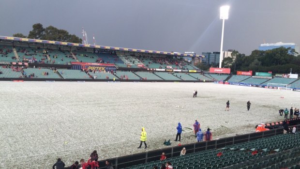 Parramatta Stadium blanketed in hailstones.