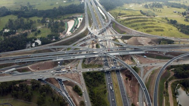 The New Westlink M7 spaghetti junction at the intersection of the M4 Western Motorway and Wallgrove Road.