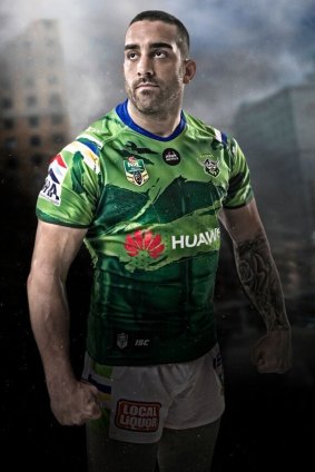 Paul Vaughan models The Hulk jersey the Canberra Raiders will wear against North Queensland in round 21.