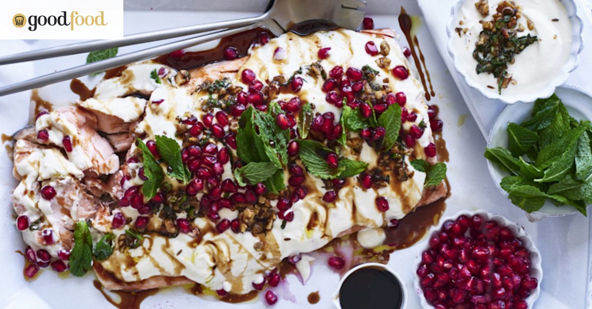 Side of salmon with walnuts, tahini, mint and pomegranate molasses