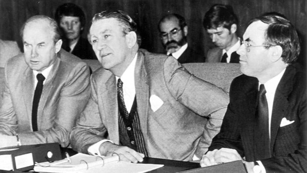 At a 1981 Premiers Conference in Canberra, Peter Nixon, minister for primary industry, Malcolm Fraser and John Howard.