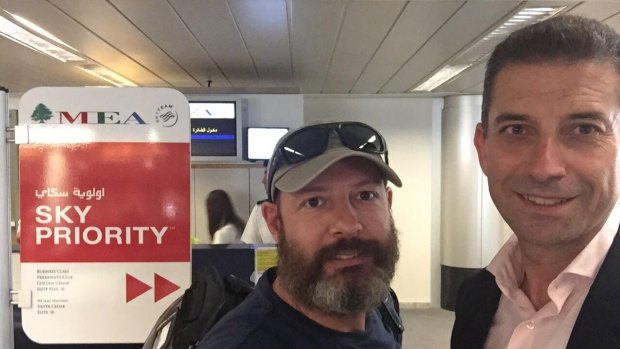 Adam Whittington (left) at Beirut airport with his lawyer Joe Karam as he prepared to fly out of Lebanon following his release.
