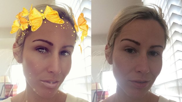 Kate Symons, showing the enhancing effects of Snapchat's butterfly halo: slimmer face, clearer skin, bigger eyes.