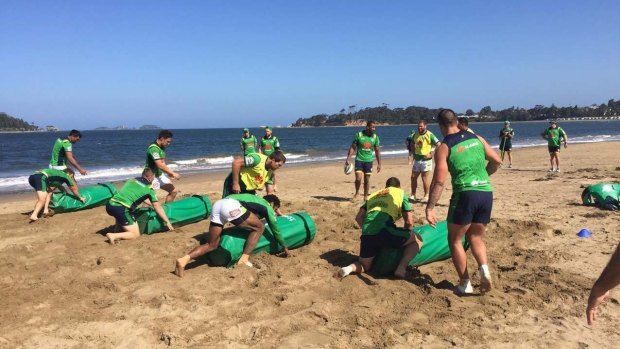 The Canberra Raiders train at Batemans Bay last week to fine-tune their tackling technique.