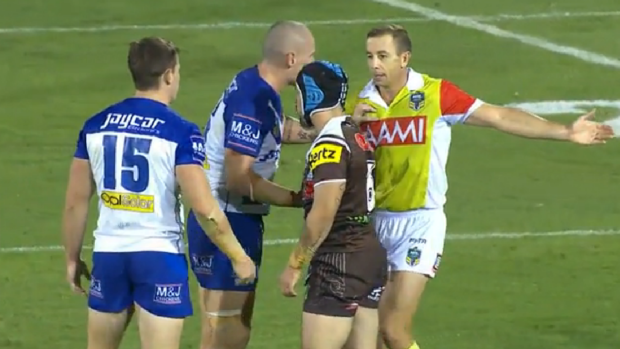 Flashpoint: David Klemmer makes contact with referee Ben Cummins.