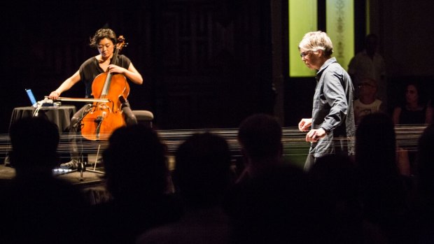 Theresa Wong, on cello, crafted spare improvisations against Ellen Fullman's Long String Instrument.