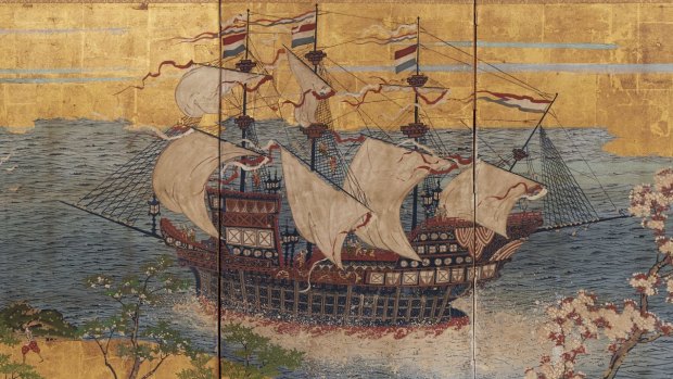<i>Dutch trading ship in Japanese waters</i>, circa 1870, four-panel screen, opaque watercolour, ink and gold on paper, 67.5 by 138 by 11 centimetres, Kerry Stokes Collection, Perth, in <i>Treasure Ships: Art in the Age of Spices</i> at the Art Gallery of South Australia.