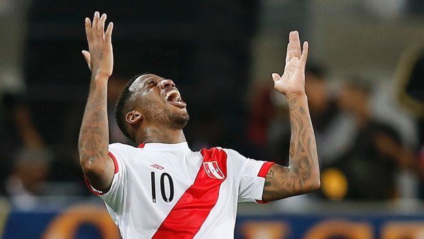 Peru's Jefferson Farfan celebrates after scoring his side's first goal against New Zealand.