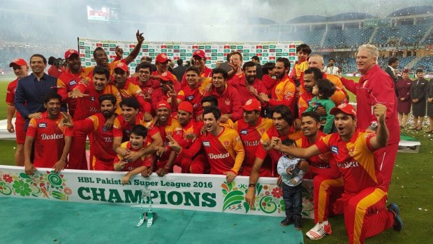 Happier days: Islamabad United celebrate their win in the Pakistan Super League.