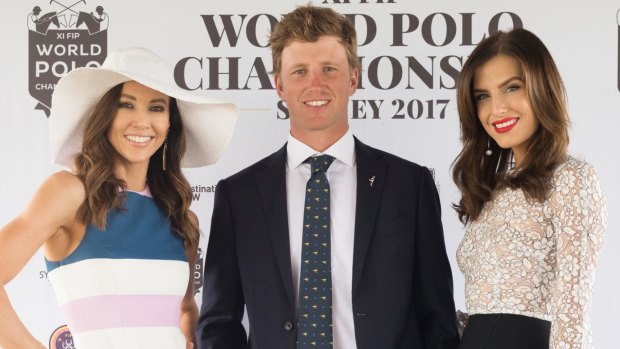 Ambassadors Kyly Clarke (left) and Erin Holland (right) with the Australian captain, Jack Archibald, at the launch of the World Polo Championship at Sydney Polo Club, Richmond.