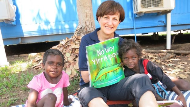 Suzy Wilson, founder of the Indigenous Literacy Foundation at the launch of No Way Yirrikipayi!, a book written and illustrated by the children of Milikapiti School, Melville Island.