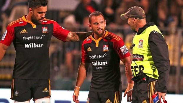 Gone:  Aaron Cruden of the Chiefs leaves the field against Crusaders.