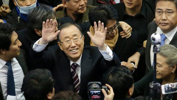 Former UN Secretary-General Ban Ki-moon arrives at the Seoul Railway Station. He will 'soon'  announce whether he will run for the South Korean presidency.