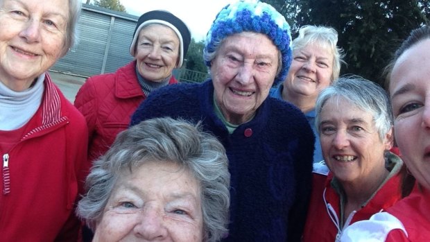 The Groovy Grannies have been a registered Heart Foundation walking group for nine years. (From left) Marjorie,  Frances (bottom), Colleen (black hat), Ella  (blue hat), Toula (grey hair directly to right of blue hat) and Edna.