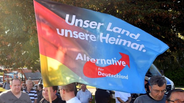 Supporters of the Alternative for Germany party hold a flag proclaiming "Our country, our homeland " 