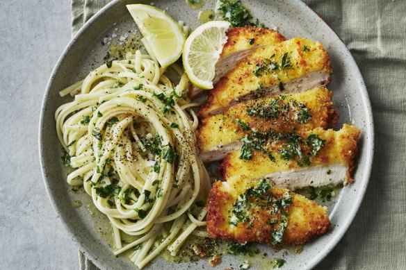 Crumbed chicken with herb and garlic butter pasta. 