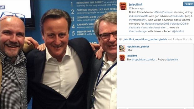 Left to right: Mark Textor, David Cameron, and Lynton Crosby in a post-British election tweet.