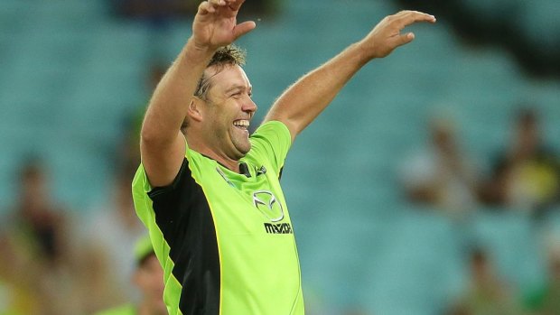 Jacques Kallis of the Thunder celebrates taking the wicket of Dan Christian of the Heat