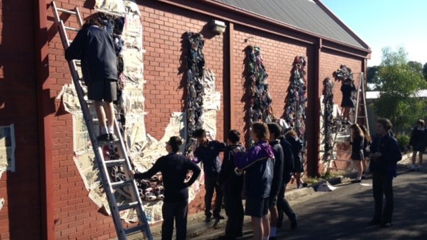 Public art: Northcote High's inaugural public art class has produced an eye-catching mural from old gym shoes.