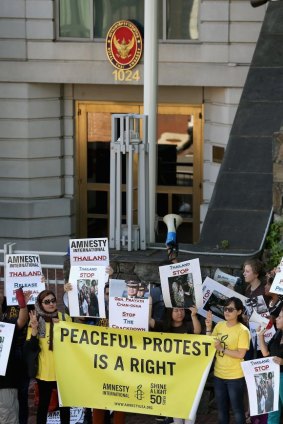 Overseas support: demonstrators from Amnesty International rally against Thailand's coup leaders outside the Thai embassy in Washington.