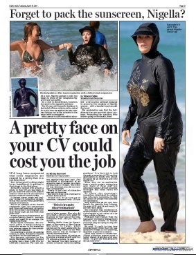 Nigella Lawson's outing to Bondi beach in a burkini threw the UK tabloids into a frenzy. Daily Mail's page 3, April 19 2011.