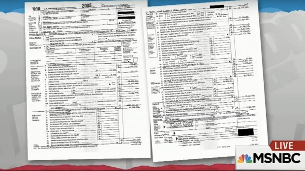 A screenshot of documents purported to be Donald Trump's 2005 tax return broadcast on US television.