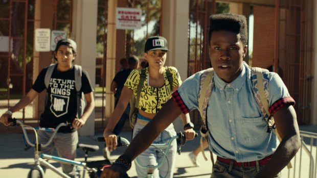 Kiersey Clemons (Diggy), Shameik Moore (Malcolm) and Tony Revolori (Jib), and Zoe Kravitz (Nakia) star in Rick Famuyiwa's <i>Dope</i>.

