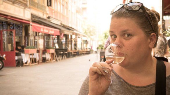 Christine Gilbert of Almost Fearless and We Create quaffing cava in Spain - a rare moment of luxury when travelling with two kids.