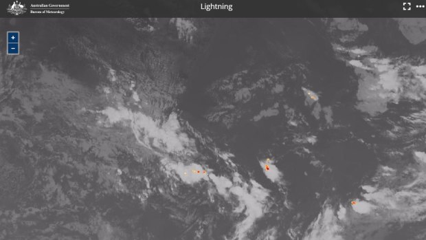 The coloured areas show a lightning storm over the Tasman Sea on Wednesday afternoon.