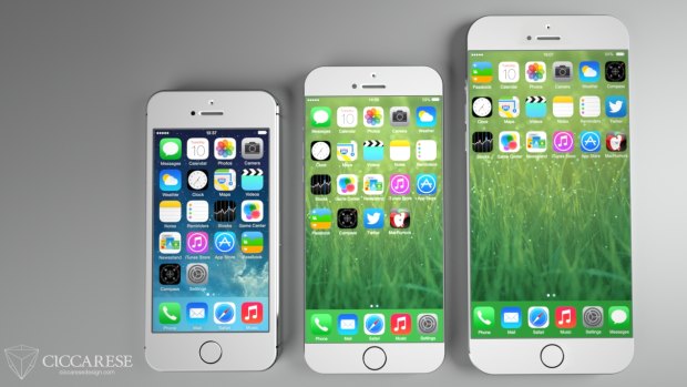 A rendering of what the rumoured 4.7 (middle) and 5.5-inch (right) iPhones might look like next to the iPhone 5S.