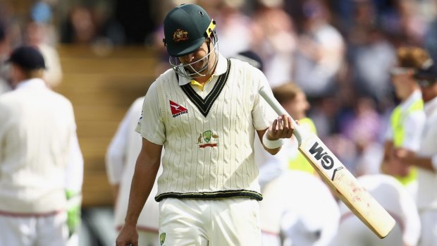 Trapped in front yet again: Shane Watson leaves the field after being dismissed by Mark Wood in the second innings of the first Test in Cardiff.