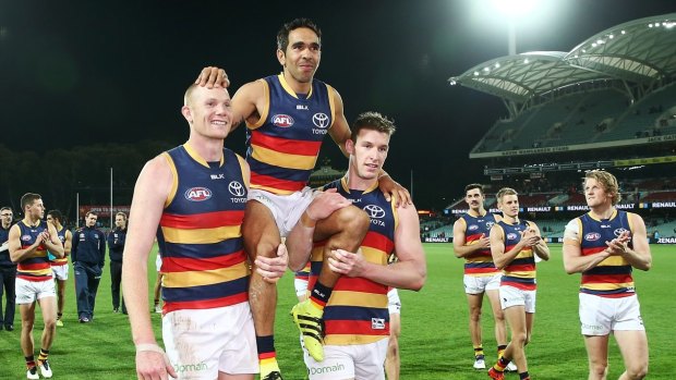 Eddie Betts is chaired from the field by teammates after his 250th game on Saturday night.