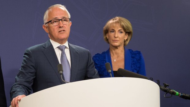 Prime Minister Malcolm Turnbull and Minister for Employment Michaelia Cash address the media after the release of the final report from the royal commission into trade union governance and corruption.