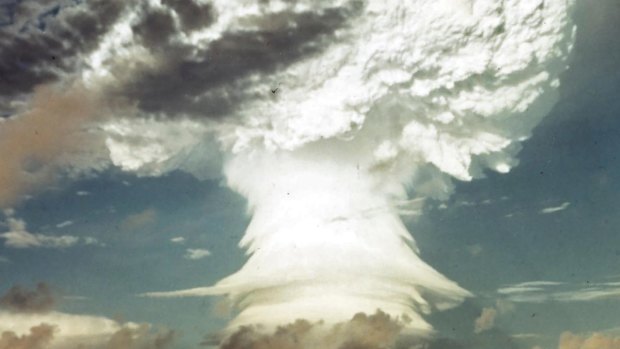 A hydrogen bomb test on Elugelab Island, Eniwetok Atoll, Marshall Islands in 1952.