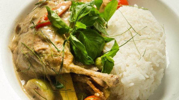 Slow-braised green curry duck leg.