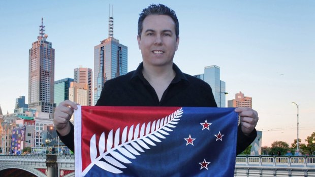 Kyle Lockwood, Melbourne-based architect, with one of his designs for the NZ flag.