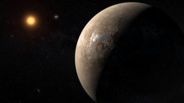This artist's impression shows the planet Proxima b orbiting the red dwarf star Proxima Centauri, the closest star to the solar system.