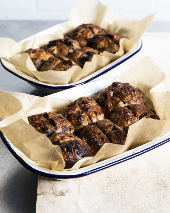 Baker Bleu's hot cross buns with sour cherry and dark chocolate.