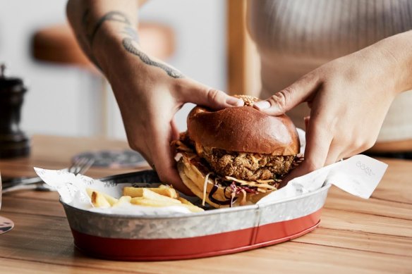 Fried chicken burger with fries at the East Brunswick Hotel.