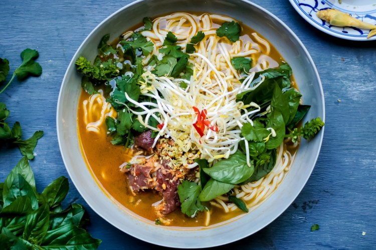 Lemongrass, ginger and garlic beef pho (noodle soup). Flu fighters recipes for Good Food May 2019. Please credit Katrina Meynink. Good Food use only.