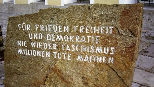 A memorial stone at the site of the birth of Adolf Hitler. 