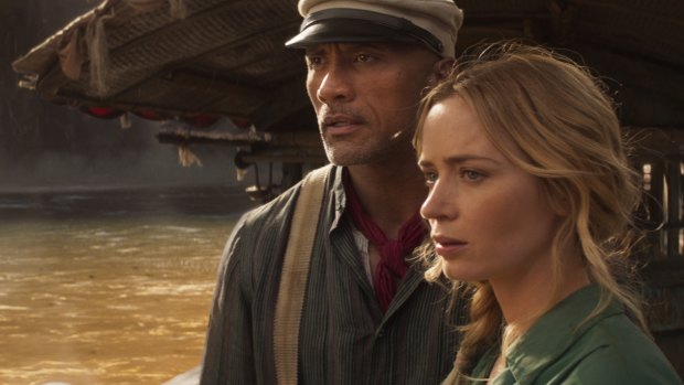 Emily Blunt and Dwayne Johnson in a scene from the upcoming Jungle Cruise movie.